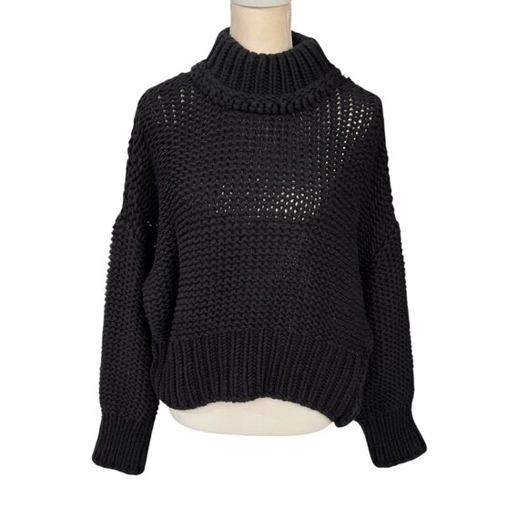 Free People My Only Sunshine Chunky Knit Oversized Mock Neck Sweater Black Sz L - Picture 1 of 8